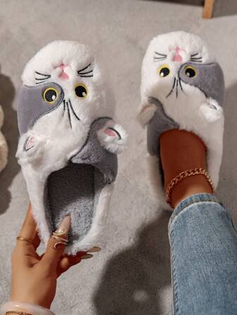 Women's Cute Cat Pattern Soft Bottom Fluffy Plush Indoor Slippers, Winter Warm And Non-Slip