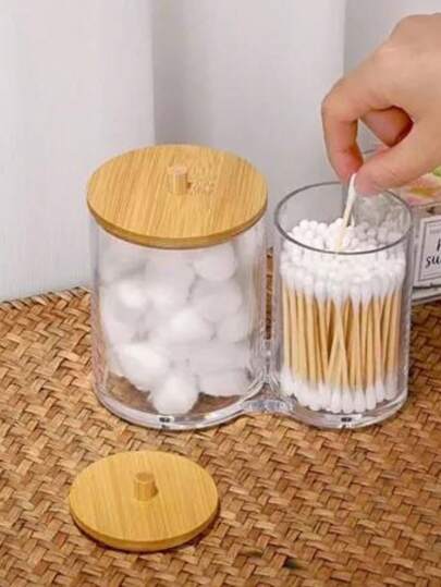 Organizador 2 em 1 Porta Algodão E Cotonete Acrílico com Tampa Bambu