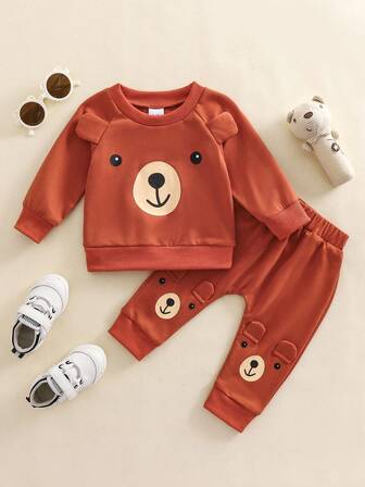 2 件装男婴可爱熊耳朵连帽衫和裤子套装，秋冬