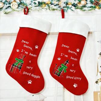 Christmas Stockings - Red Sock Body With Embroidered English Text, Green Cat & Dog Pattern, White Sock Top With White Embroidered Silver & Gold Snowflakes With Faux Pearls, Christmas Stocking Gift Bag, Christmas Home Wall Decor Hanging Ornament,Christmas