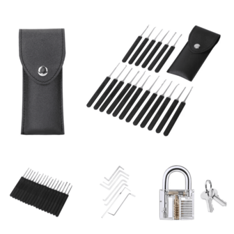 24件套多功能家用维修工具套装，赠送透明挂锁1个。完美组合，可用于练习各种锁具维修，包括挂锁、抽屉锁、防盗门锁、橱柜锁、玻璃门锁、文件柜锁、电动工具锁、电锁、多功能钥匙锁等。