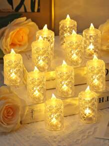 3/12/24pcs Large Acrylic Crystal Pattern LED Electronic Candle Lights, Battery Operated, Rose Pattern Projection Tea Candle Lights, Flameless Candle Lights, Suitable For Wedding, Valentine's Day, Christmas, Holidays, Home Decor, Christmas Table Decor - Huang Guang - View 3