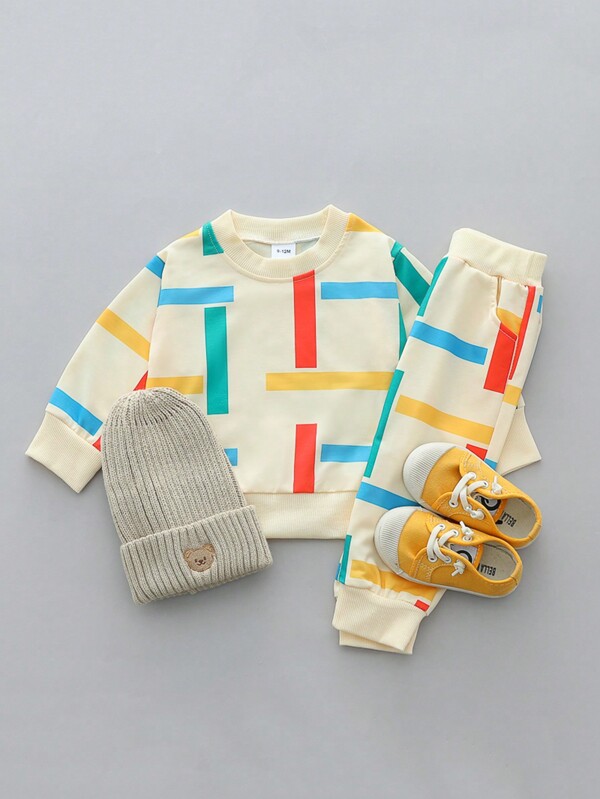 Conjunto de 2 peças de blusa e calça de manga comprida listrada colorida para bebê menino, primavera/outono