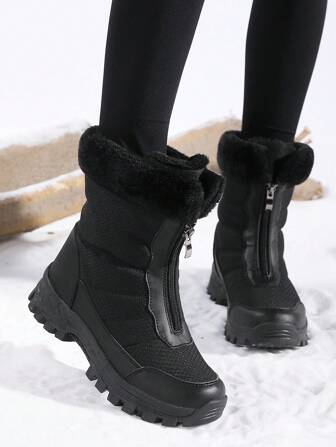New High-Top Anti-Slip Thick Plush-Lined Women Winter Snow Boots, Waterproof Warm Outdoor Hiking Boots, Lace-Up Front Closure, Black