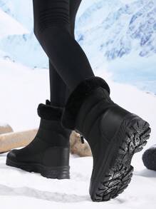 新款高帮防滑厚毛绒衬里女式冬季雪地靴，防水保暖户外登山靴，系带前开合，黑色 - 黑色 - 查看 5