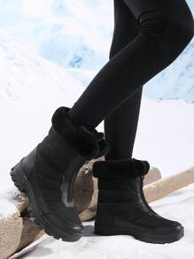 新款高帮防滑厚毛绒衬里女式冬季雪地靴，防水保暖户外登山靴，系带前开合，黑色 - 黑色 - 查看 6