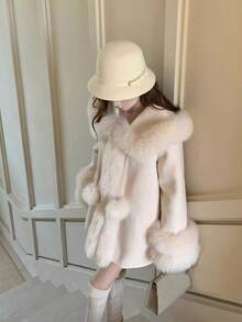 Fur & Leather Combination Cloak Coat, Fluffy - White - View 2