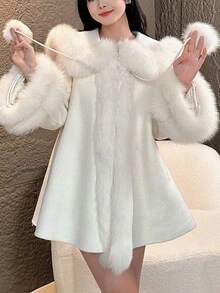 Fur & Leather Combination Cloak Coat, Fluffy - White - View 3