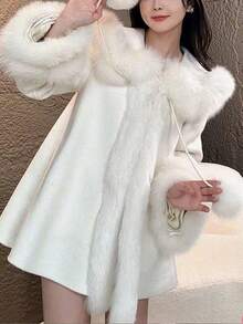 Fur & Leather Combination Cloak Coat, Fluffy - White - View 6
