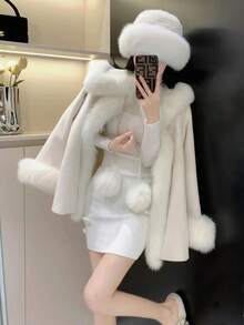 Fur & Leather Combination Cloak Coat, Fluffy - White - View 8