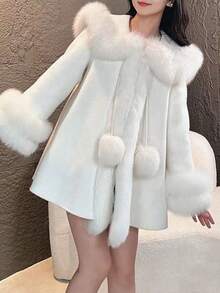 Fur & Leather Combination Cloak Coat, Fluffy - White - View 7