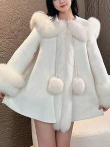 Fur & Leather Combination Cloak Coat, Fluffy - White - View 5