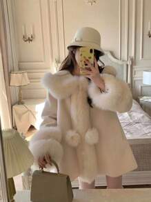 Fur & Leather Combination Cloak Coat, Fluffy - White - View 1