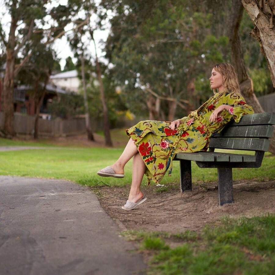 Women's Cotton Velvet Kimono Robe - Lavish Blossoms Green - Green - View 1