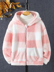 Tween Girl Oversized Plaid Fuzzy Cardigan, Warm For Winter, Suitable For Everyday Occasions