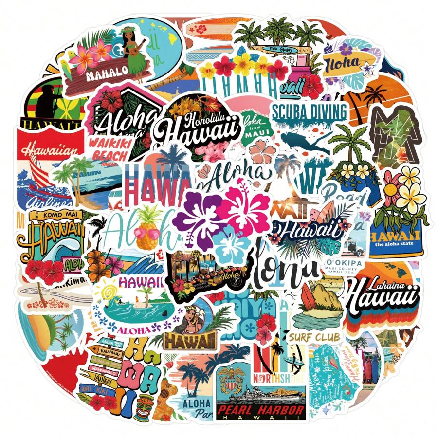 可爱的夏威夷夏季防水贴纸，适用于水瓶，55 件 Hapiuen 阳光海滩大海贴纸包，适用于笔记本电脑剪贴簿滑板行李贴花，适合儿童青少年女孩礼物、派对的酷炫贴纸 - 彩色 - 查看 1