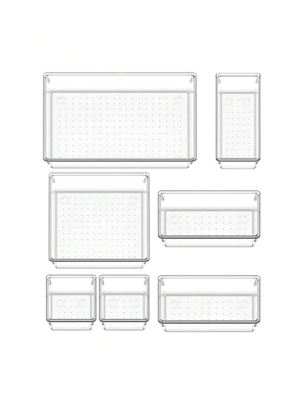 Set de 7 cajas organizadoras de cajones de plástico transparente, de uso múltiple, que incluye 4 tamaños de cajas divisoras de cajones para maquillaje, joyas, cocina, dormitorio, baño, almacenamiento de oficina, decoración del hogar, decoración de otoño, decoración de dormitorio, sol, viaje, cool