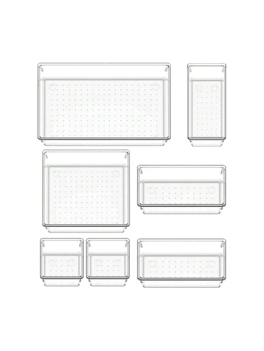 7 件/套透明塑料抽屉整理盒，多用途，包含 4 种尺寸办公桌抽屉分隔盒，适用于化妆品、珠宝、厨房、卧室、浴室、办公室储藏室装饰家居装饰秋季装饰卧室装饰阳光旅行凉爽
