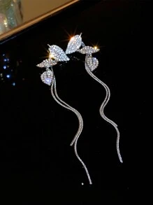 1 件银色优雅水晶装饰叶子设计长流苏吊坠耳环，时尚百搭新娘/婚礼/派对珠宝礼物，适合女性万圣节 - 銀色 - 查看 6