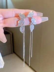 1 件银色优雅水晶装饰叶子设计长流苏吊坠耳环，时尚百搭新娘/婚礼/派对珠宝礼物，适合女性万圣节 - 銀色 - 查看 2