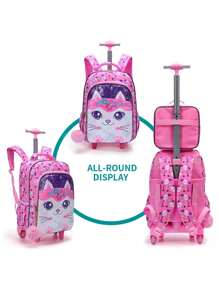 BLING BABIES 3件套拉杆背包，可爱卡通猫咪亮片设计，适合学生，带轮子，包含午餐盒和铅笔盒 - 粉色 - 查看 7