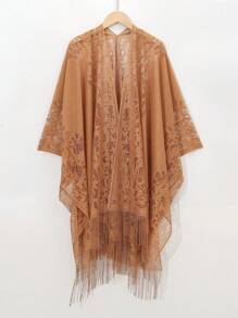 1件纯色镂空蕾丝流苏披肩，多功能沙滩巾 - 彩色 - 查看 13