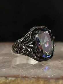 Retro Fashion Unique Niche Design Creative New European And American Egg-Shaped Colorful Men's Ring, Luxurious And Elegant - Antique Silver - View 5