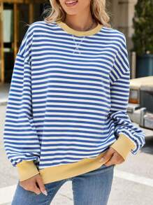 Loose Fit Striped & Floral Print Crew Neck Long Sleeve Patchwork T-Shirt Sweatshirt, Casual Spring/Autumn,Long Sleeve Tops