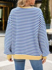 Loose Fit Striped & Floral Print Crew Neck Long Sleeve Patchwork T-Shirt Sweatshirt, Casual Spring/Autumn,Long Sleeve Tops