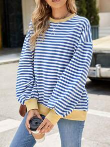 Loose Fit Striped & Floral Print Crew Neck Long Sleeve Patchwork T-Shirt Sweatshirt, Casual Spring/Autumn,Long Sleeve Tops