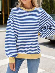 Loose Fit Striped & Floral Print Crew Neck Long Sleeve Patchwork T-Shirt Sweatshirt, Casual Spring/Autumn,Long Sleeve Tops