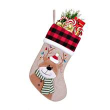 Tất Giáng sinh - Thân bằng vải lanh họa tiết kẻ caro đen và đỏ, có thiết kế 3D hình ông già Noel/người tuyết/tuần lộc/gấu bắc cực, trang trí tường nhà ngày lễ Giáng sinh, đồ trang trí treo cây thông Noel, tất quà tặng, Giáng sinh - Vải lanh giả màu vàng - Xem 14