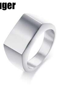 Flat Top Square Band Signet Ring Men Oxidized Silver Color Stainless Steel Vintage Rustic Male Jewelry - Silver - View 1