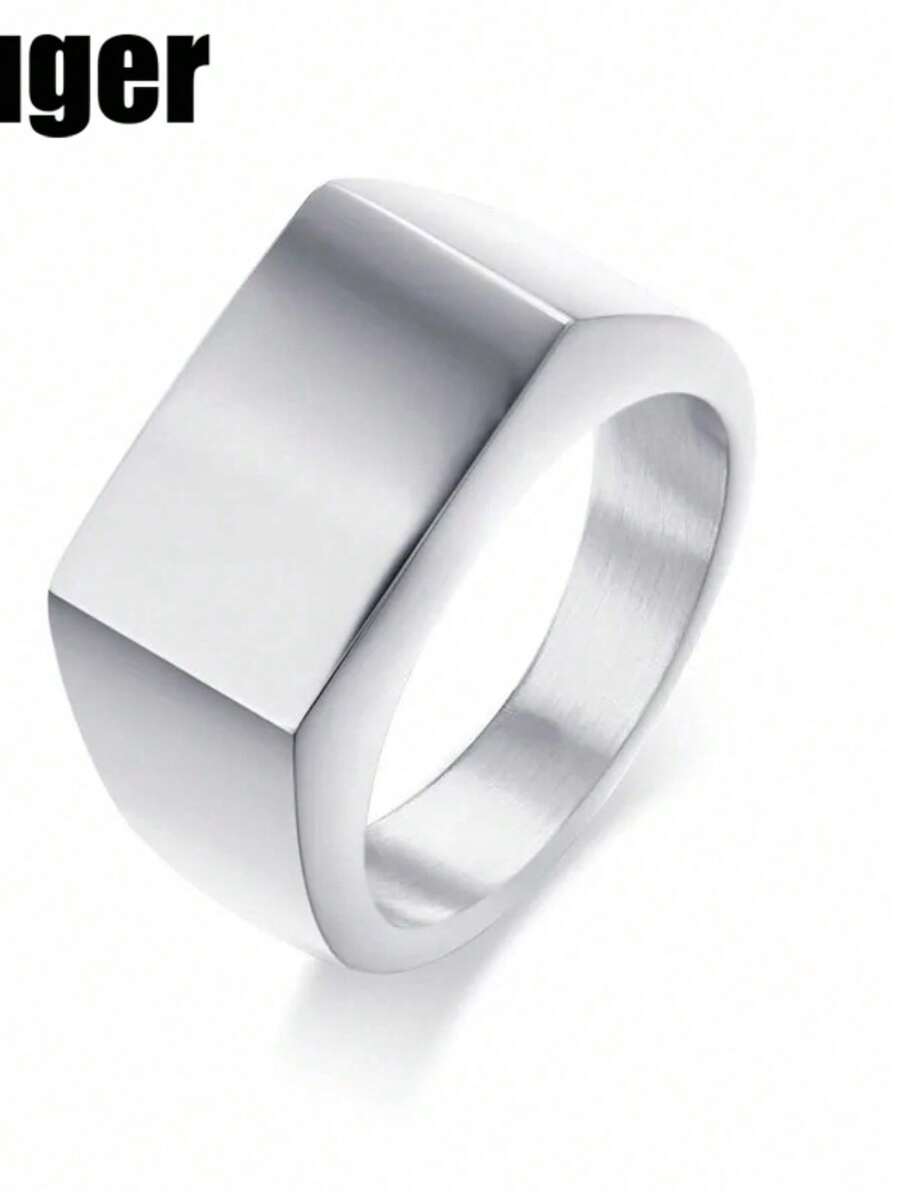 Flat Top Square Band Signet Ring Men Oxidized Silver Color Stainless Steel Vintage Rustic Male Jewelry - Silver - View 1