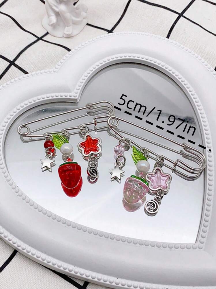 1pc Women Red Strawberry Five-Pointed Star Beaded Pendant, Cute Creative Ins Style Simple Bag Charm Keychain Charms - Red - View 2