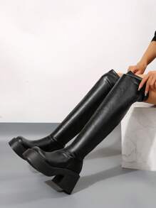 Thick Sole Short Legs Elastic Skinny Tall Boots, Women Over The Knee High Boots, Wide Calf Riding Boots - Black - View 2