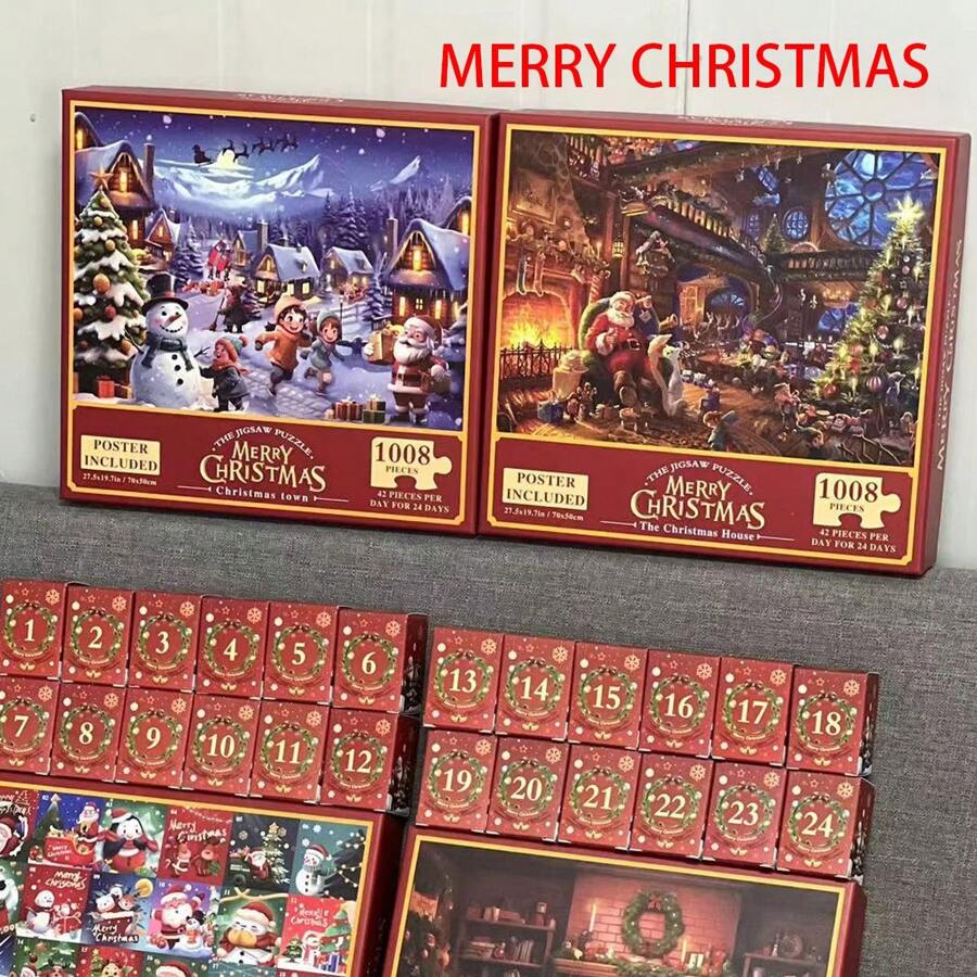 圣诞装饰 1008 块圣诞倒计时拼图，创意纸质拼图玩具，圣诞快乐礼物 - 彩色 - 查看 1