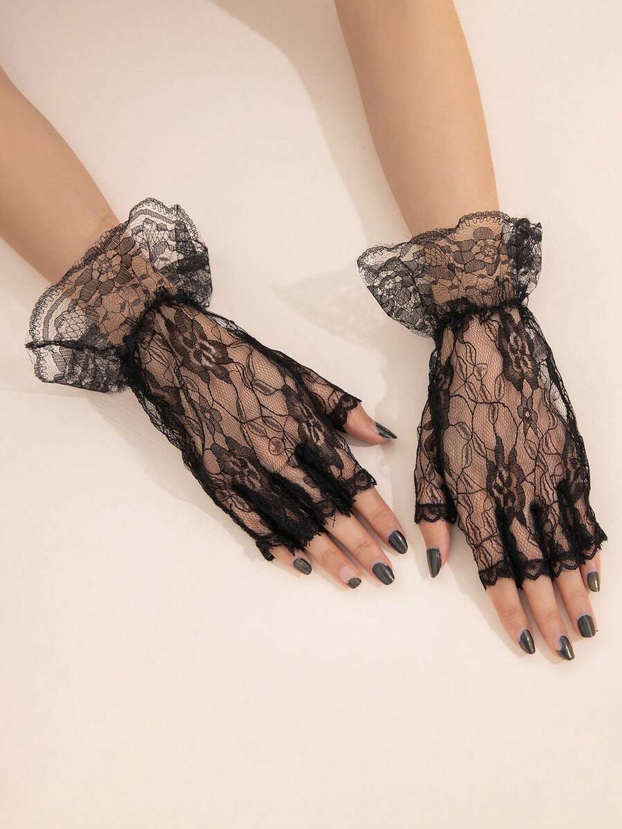 1 Pair Floral Pattern Hollow Lace Half Finger Gloves