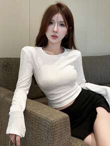 Women's Diamond-Decor Round Neck Long Sleeve Cropped Slim Fit Fashion T-Shirt Casual White Spring - White - View 6