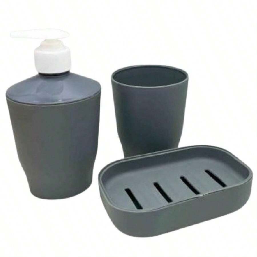 3 Piece Bathroom Kit Black White Gray Cup Holder Toothbrush Holder Dispenser - 灰色 - 查看 1