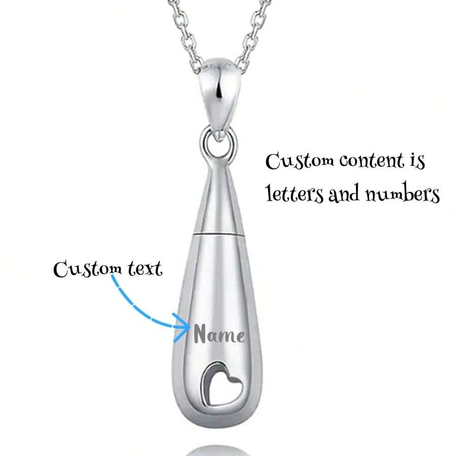 定制个性化雕刻宠物纪念项链 - 雕刻姓名、日期等。泪珠空心心形不锈钢香水瓶项链，骨灰盒吊坠，配链和天鹅绒袋