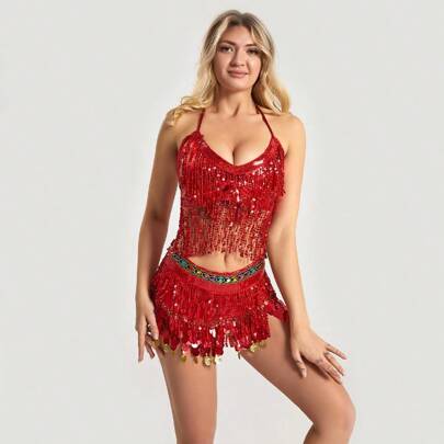 1pc Halloween Spaghetti Strap Sequin Fringe Crop Top Belly Dance Latin Dance Competition Costume