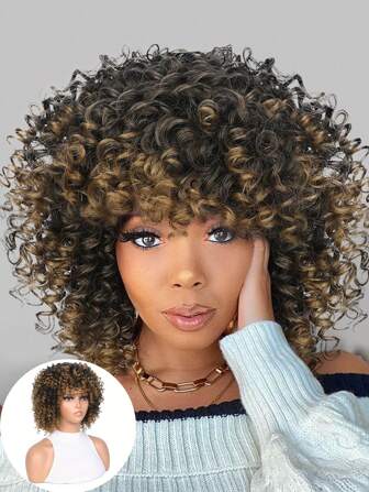 Peruca curta cacheada com franja, perucas cacheadas kinky para mulheres, peruca marrom, perucas curtas cacheadas com franja, peruca sintética, alta qualidade, sem renda, perucas de cabelo cacheado fofo e saltitante, peruca de cosplay de fibra resistente ao calor