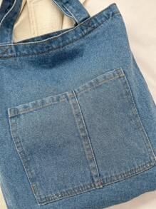 Light Wash Denim Effect Canvas Tote Bag, Multi-Pocket Commuting Handbag, Women's Large Capacity Tote Bag With Inner Pockets, Soft And Washable - Baby Blue - View 9