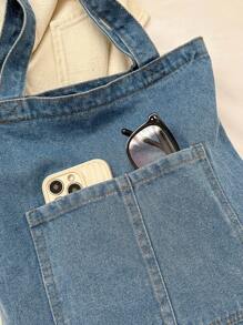 Light Wash Denim Effect Canvas Tote Bag, Multi-Pocket Commuting Handbag, Women's Large Capacity Tote Bag With Inner Pockets, Soft And Washable - Baby Blue - View 10