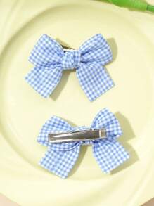 2pcs Cute Plaid Bow Barrette, Multi-Color Daily Accessories - Blue - View 2