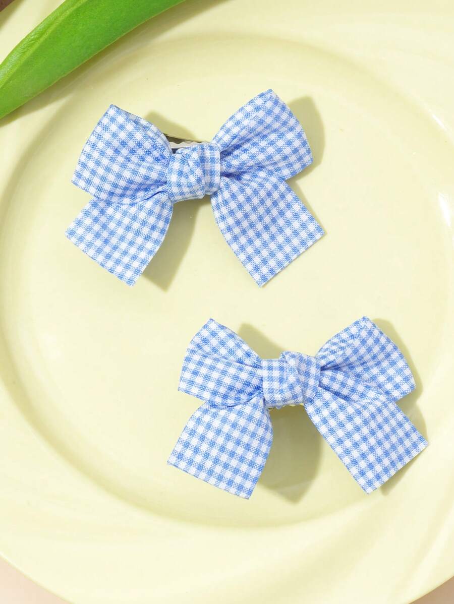 2pcs Cute Plaid Bow Barrette, Multi-Color Daily Accessories - Blue - View 1