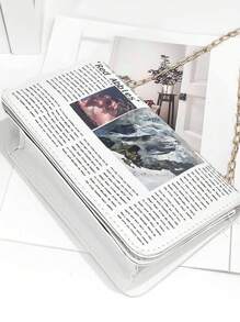 1pc Vintage Newspaper Pattern Shoulder Crossbody Bag With Chain Strap For Women Daily Use - White - View 3