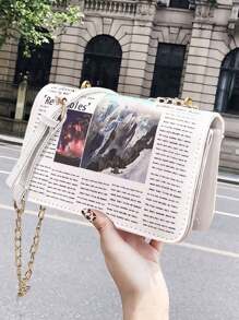 1pc Vintage Newspaper Pattern Shoulder Crossbody Bag With Chain Strap For Women Daily Use - White - View 1