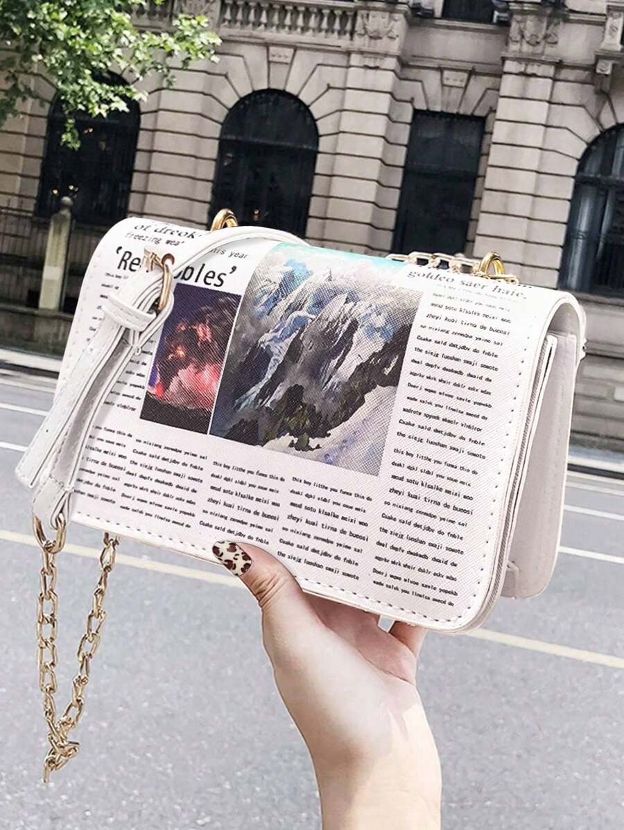 1pc Vintage Newspaper Pattern Shoulder Crossbody Bag With Chain Strap For Women Daily Use - White - View 1